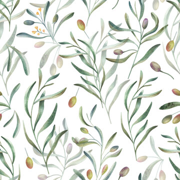 Seamless pattern with olive branches, olives and leaves on white background. Hand drawn watercolor botanical print for fabrics, wallpaper, scrapbooking, postcards.
