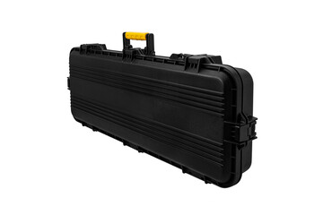 Black plastic case with foam inside. Weapon case isolate on white back.