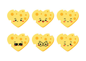 Cute cheese with hole heart shape slices vector set isolated on white background. Funny character cartoon kawaii emoji of yellow cheese illustration. Organic milk food flat design sticker.
