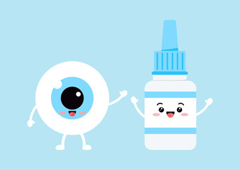 Cute eyeball with eye drop liquid bottle character isolated on background. Happy kawaii medicine mascot set. Flat design cartoon style vector illustration.