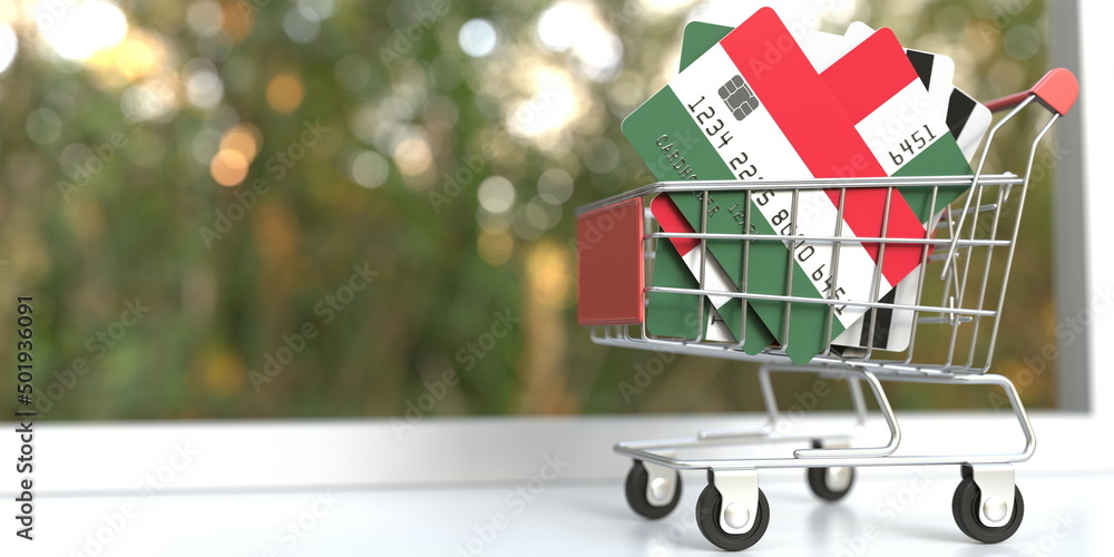 Poster bank card mockups with flags of hungary in a small shopping cart. conceptual 3d rendering