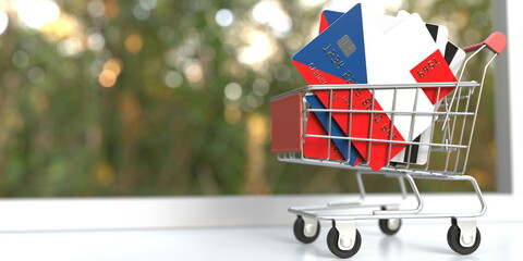 Shopping cart full of credit cards mockups with flags of the Czech Republic. Conceptual 3D rendering