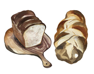 Watercolor Hand Drawn French Bread Loafs Baguette Set Illustration