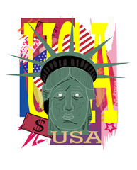Statue of liberty with skull face and USA flag, pop art background, vector.