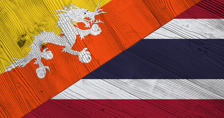 Background with flag of Bhutan and Thailand on divided wooden board. 3d illustration