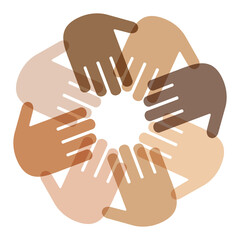 Illustration of diverse hands in a circle. All for one and unity concept.