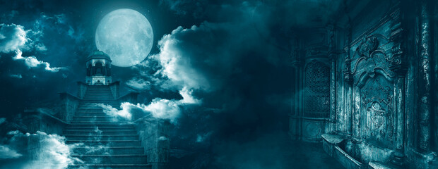Obraz premium Dark fantasy architectural landscape. Night landscape with fog, night view, street. Dramatic night scene. Smoke, smog, moonlight. Cold. 3D illustration.