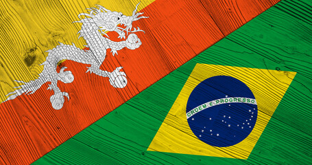 Background with flag of Bhutan and Brazil on divided wooden board. 3d illustration