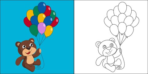 Cute bear holding colorful balloons suitable for children's coloring page vector illustration