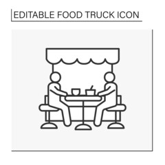 Festival line icon. Outdoor dining. People eat food on terrasse. Party. Food truck concept. Isolated vector illustration. Editable stroke