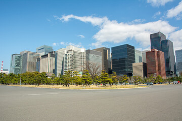 Skyline of Marunouchi district, viewed from Imperial Palace in Chiyoda City special ward located in...