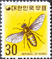 KOREA, SOUTH - CIRCA 1974 : a postage stamp from KOREA, SOUTH, showing a European Honey Bee (Apis mellifera) . Circa 1974
