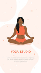 Yoga studio. Woman with dark skin and hair meditating, practicing yoga. Vector illustration.