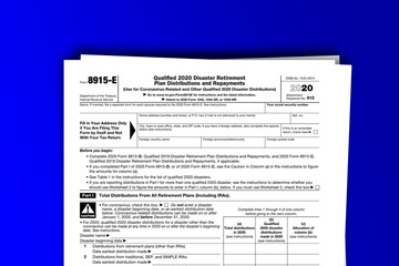 Form 8915-E documentation published IRS USA 44502. American tax document on colored