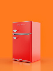 Retro red refrigerator, vintage kitchen appliance side view, 3d rendering