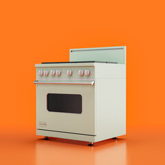 Retro gas stove oven, vintage kitchen appliance side view, 3d rendering