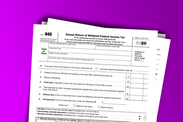 Obraz premium Form 945 documentation published IRS USA 43932. American tax document on colored