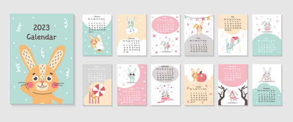 2023 vertical calendar design with cute rabbits chinese year symbol. 12 month, week start on monday. Page template size A3, A4, A5. Vector flat illustrtion, great for kids, nursery, poster, printable