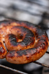 Close up shot of rolled up sausages on skewer placed over barbeque