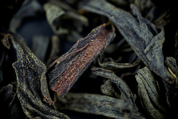 large leaf brewed tea leaves macro closeup microscope soft focus