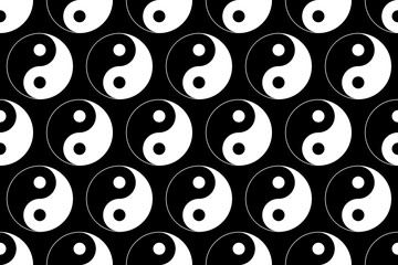 yin yang symbols seamless vector pattern isolated on black background.