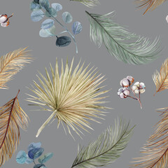 Summer watercolor seamless pattern with palm leaves and cotton sprigs in boho style on a gray background for textile and design