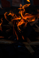 Close up shot of burning wood and charcoal used for barbeque