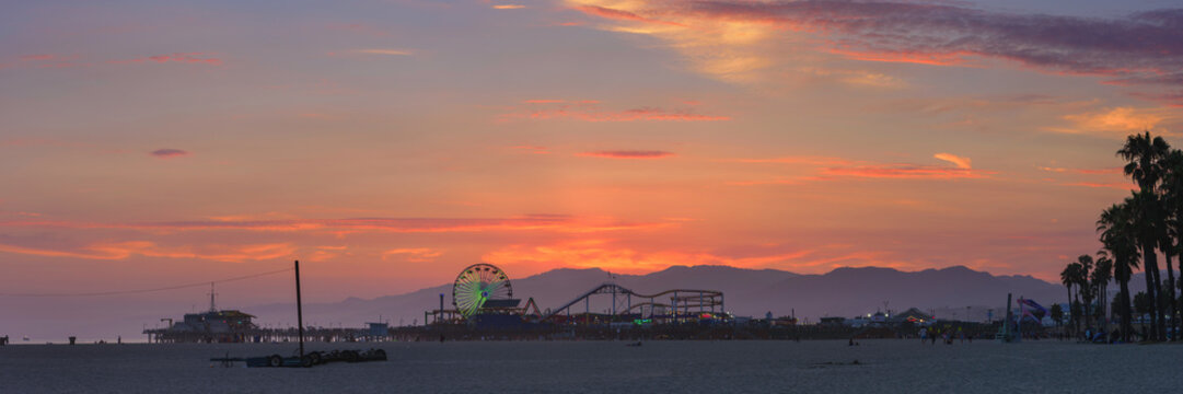 Panorama of a sunset at Santa Monica beach