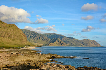 View of mountains and coastline on west Oahu at Kaena Point