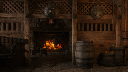 Medieval tavern interior with cooking pot on an open fire, large barrel and sacks of potatoes. 3D illustration. - obrazy, fototapety, plakaty