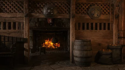 Fotobehang Medieval tavern interior with cooking pot on an open fire, large barrel and sacks of potatoes. 3D illustration. © IG Digital Arts