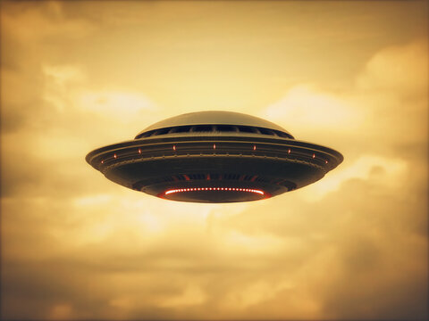 Unidentified flying object, UFO. Alien spaceship gravitating in the sky. 3D illustration.