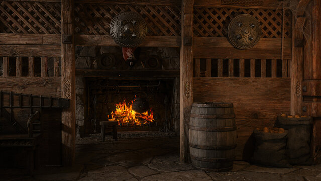 Medieval tavern interior with cooking pot on an open fire, large barrel and sacks of potatoes. 3D illustration.