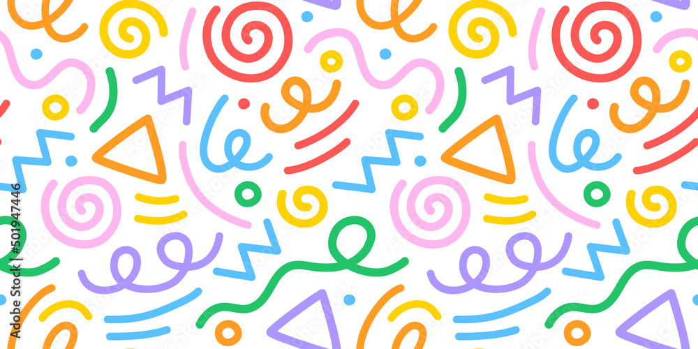 Poster Fun colorful line doodle seamless pattern. Creative minimalist style art background for children or trendy design with basic shapes. Simple childish scribble backdrop.
