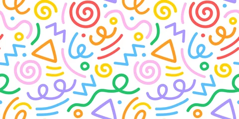 Foto op Plexiglas Fun colorful line doodle seamless pattern. Creative minimalist style art background for children or trendy design with basic shapes. Simple childish scribble backdrop. © Dedraw Studio