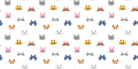 Funny cat animal cartoon seamless pattern in retro flat illustration style. Cute kitten pet background, diverse domestic cats breed wallpaper. - obrazy, fototapety, plakaty