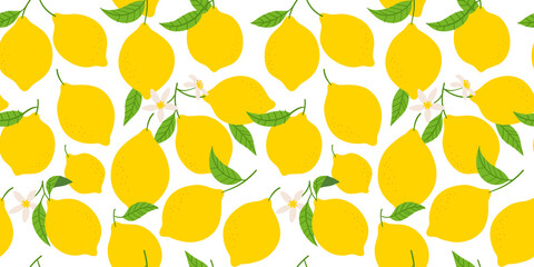Lemon fruit seamless pattern illustration in modern flat cartoon style. Natural tree branch background with flowers. Citrus food concept, organic juicy fruits backdrop.