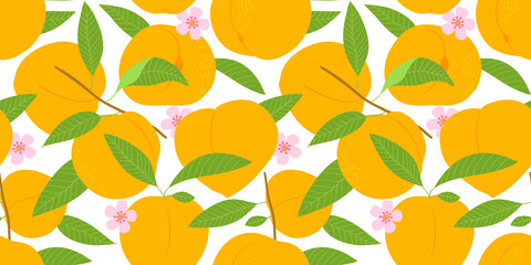 Peach fruit seamless pattern illustration in modern flat cartoon style. Natural tree branch background. Tropical food concept, organic juicy fruits backdrop.