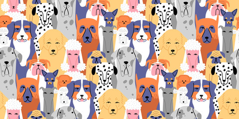 Funny dog animal crowd cartoon seamless pattern in flat illustration style. Cute puppy pet group background, diverse domestic dogs breed wallpaper. - obrazy, fototapety, plakaty