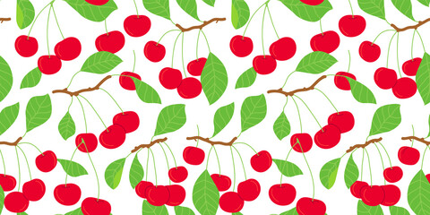 Cherry fruit seamless pattern illustration in modern flat cartoon style. Natural tree branch background. Healthy food concept, organic juicy fruits backdrop.