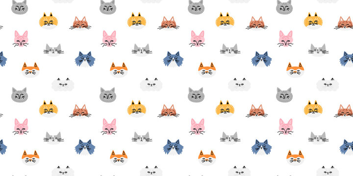 Funny cat animal cartoon seamless pattern in retro flat illustration style. Cute kitten pet background, diverse domestic cats breed wallpaper.