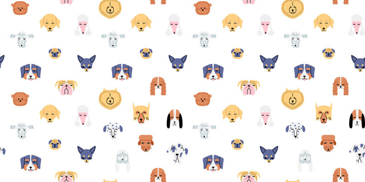 Funny dog animal face icon cartoon seamless pattern in retro flat illustration style. Cute puppy pet head background, diverse domestic dogs breed wallpaper.