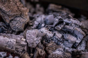 Close up shot of burning wood and charcoal used for barbeque