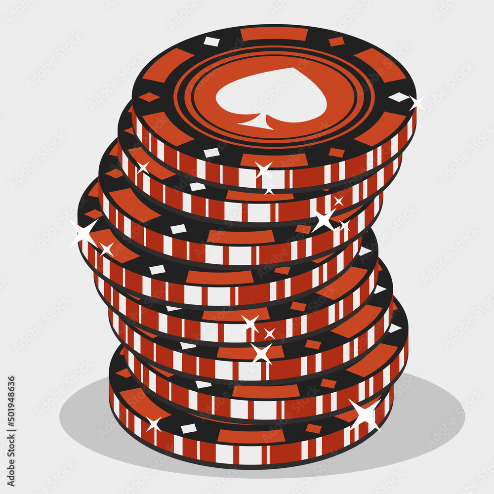 Poster red chips 3d stacked in a row. vector red chips with spades. casino chips stacked.