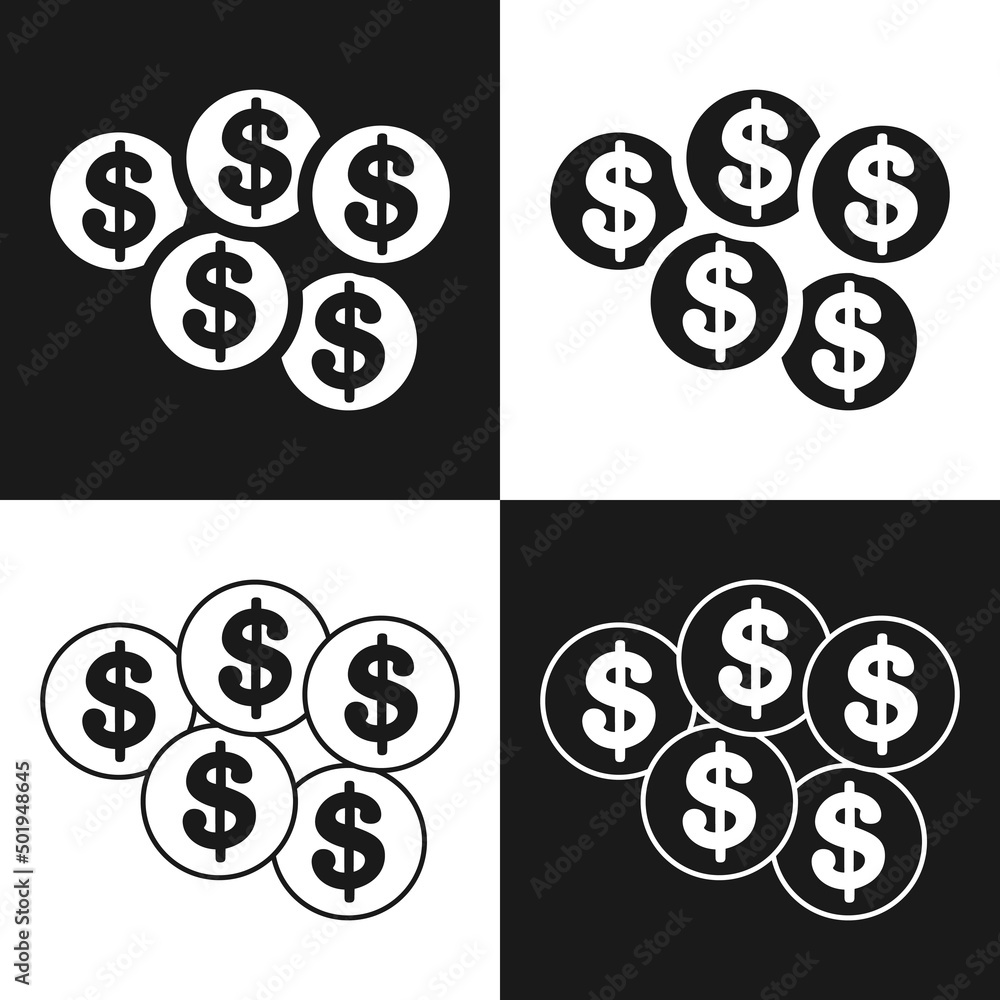 Poster four variants of minimalist coins with a dollar sign. vector set of coins on a black or white backgr