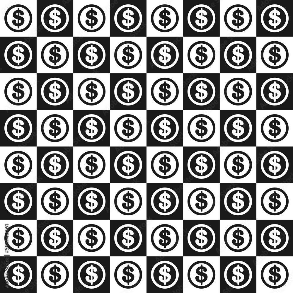 Poster a chessboard with a dollar sign on each square. vector of checkers and dollars.