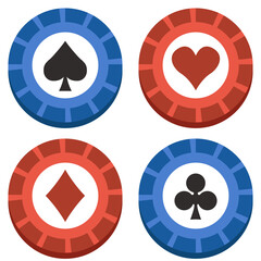 Four chips - spades, clubs, hearts, diamonds. Vector blue and red chips with card suits.