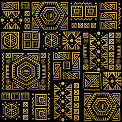Mayan patchwork seamless pattern. Tribal geometric vector swatch. Zigzag background for cover design. Retro chevron line vector print. Navajo ornamental texture. Black and gold colors.