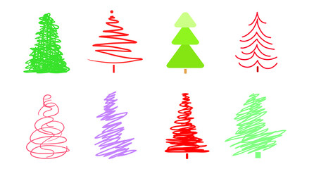 Obraz premium Colorful christmas trees on white. Set for design on isolated background. Geometric art. Objects for polygraphy, posters, t-shirts and textiles. Colored illustration