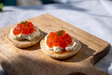 Two small starters blinis with sour cream and salted salmon red caviar served on mango tree wooden board
